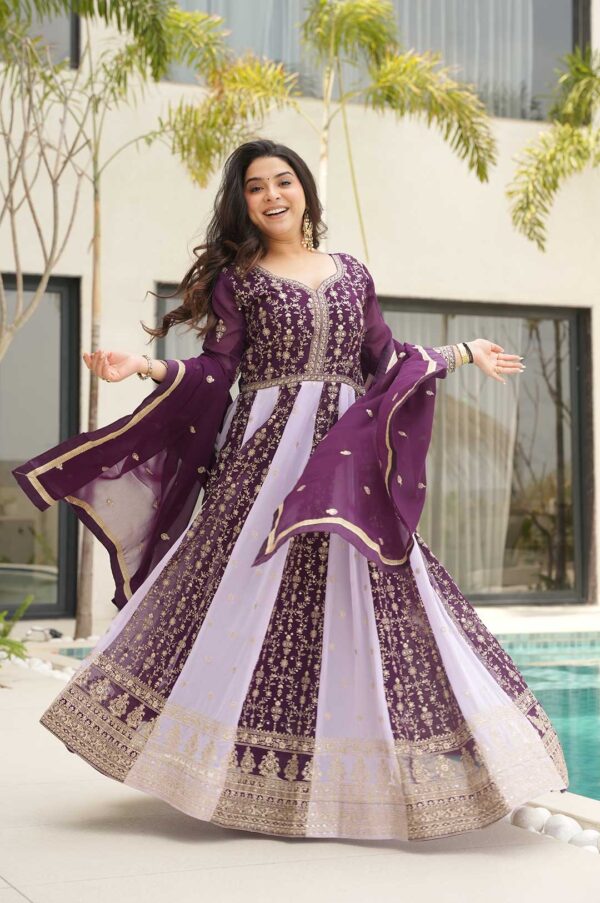 Wine Zari Embroidered Faux Blooming Gown with Dupatta