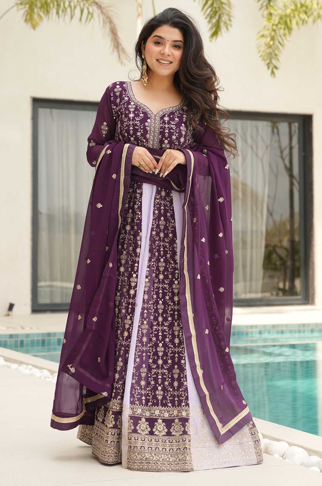 Wine Zari Embroidered Faux Blooming Gown with Dupatta