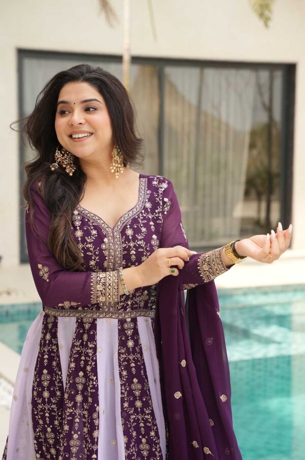 Wine Zari Embroidered Faux Blooming Gown with Dupatta