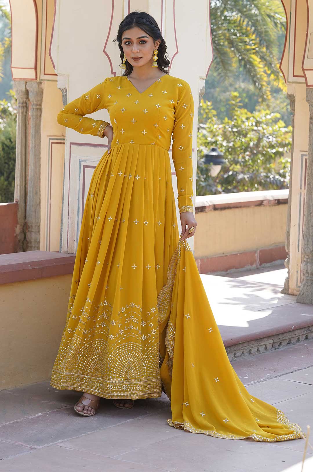 Yellow Georgette Gown with Gold Embroidery & Sequence Work and Dupatta