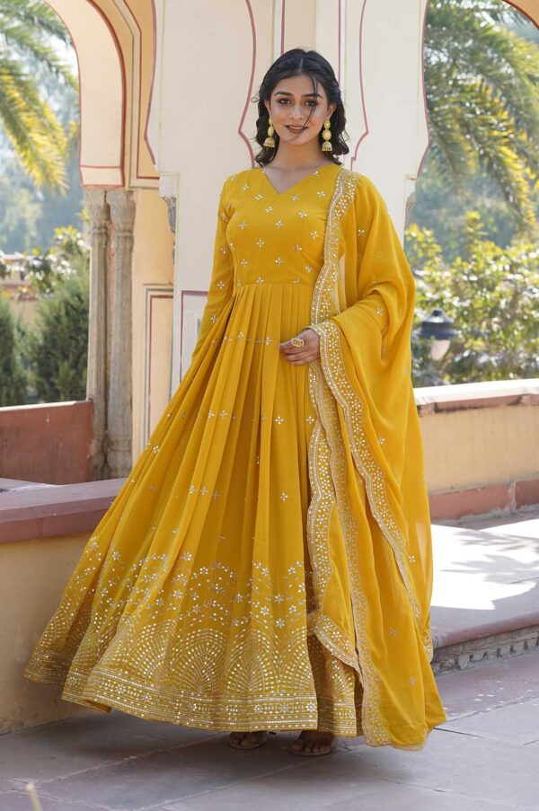 Yellow Georgette Gown with Gold Embroidery & Sequence Work and Dupatta