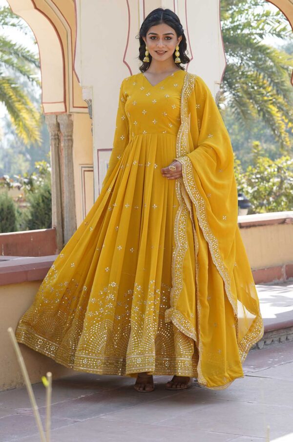 Yellow Georgette Gown with Gold Embroidery & Sequence Work and Dupatta