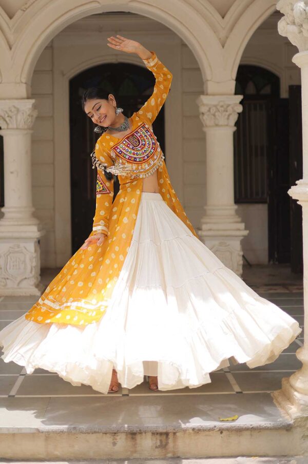 Yellow Kora Cotton Lehenga with Bandhani Kutchi Work Kurti Set