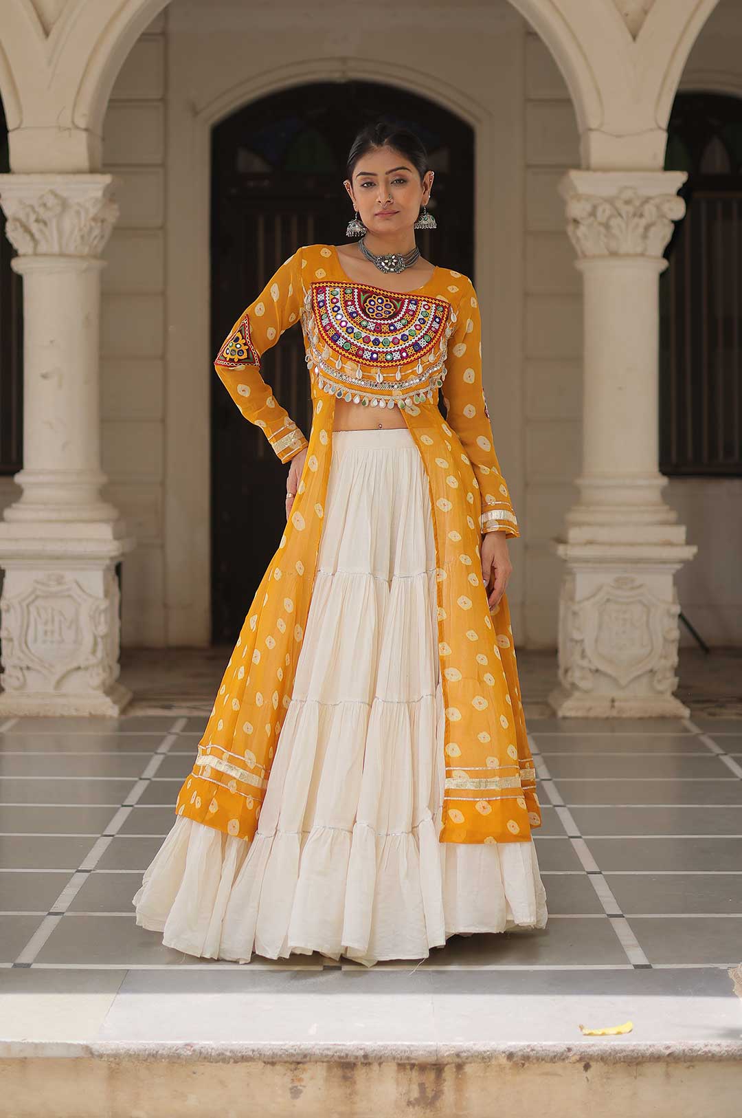 Yellow Kora Cotton Lehenga with Bandhani Kutchi Work Kurti Set