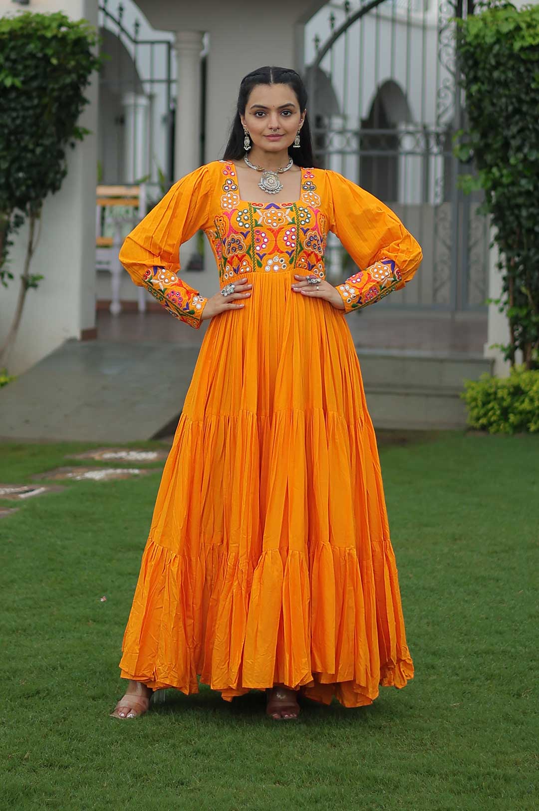 Yellow Kutchi Gamthi Embroidered Perot Green Gown