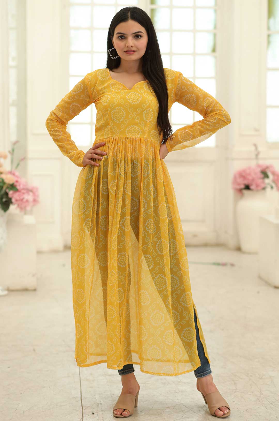 Yellow Printed Georgette Kurta with Side Slits and Full Sleeves