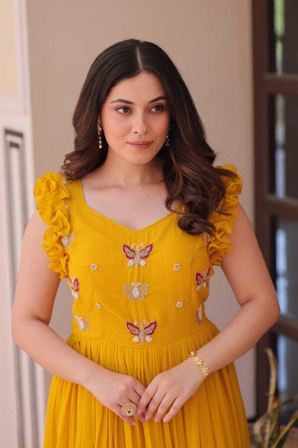 Yellow Radiant Faux Blooming Gown with Sequins & Multi-Thread Embroidery