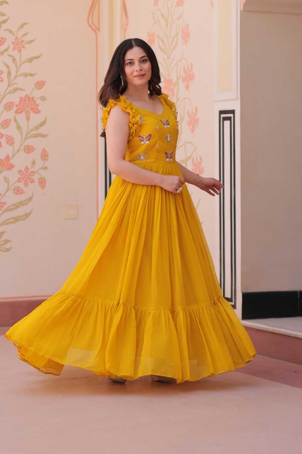 Yellow Radiant Faux Blooming Gown with Sequins & Multi-Thread Embroidery