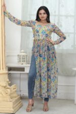 Yellow-with-Blue-Blossom-Vibe-–-Fox-Georgette-Floral-Digital-Print-Kurti