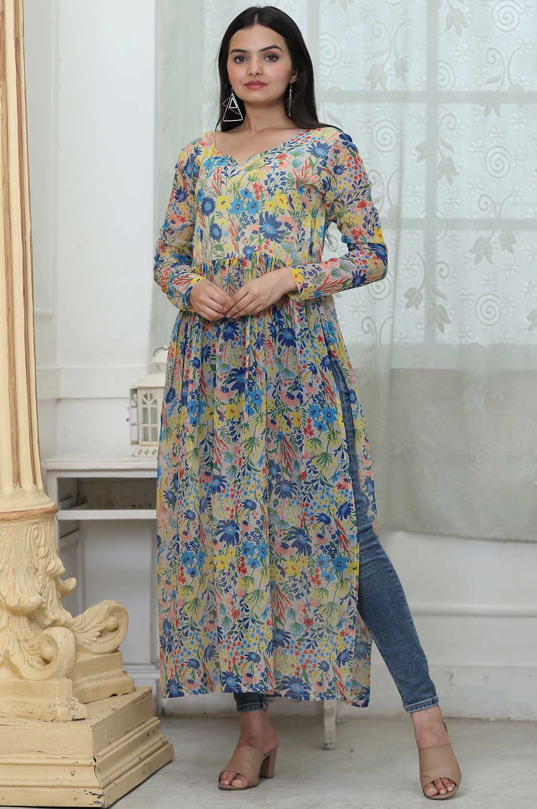 Yellow with Blue Blossom Vibe – Fox Georgette Floral Digital Print Kurti