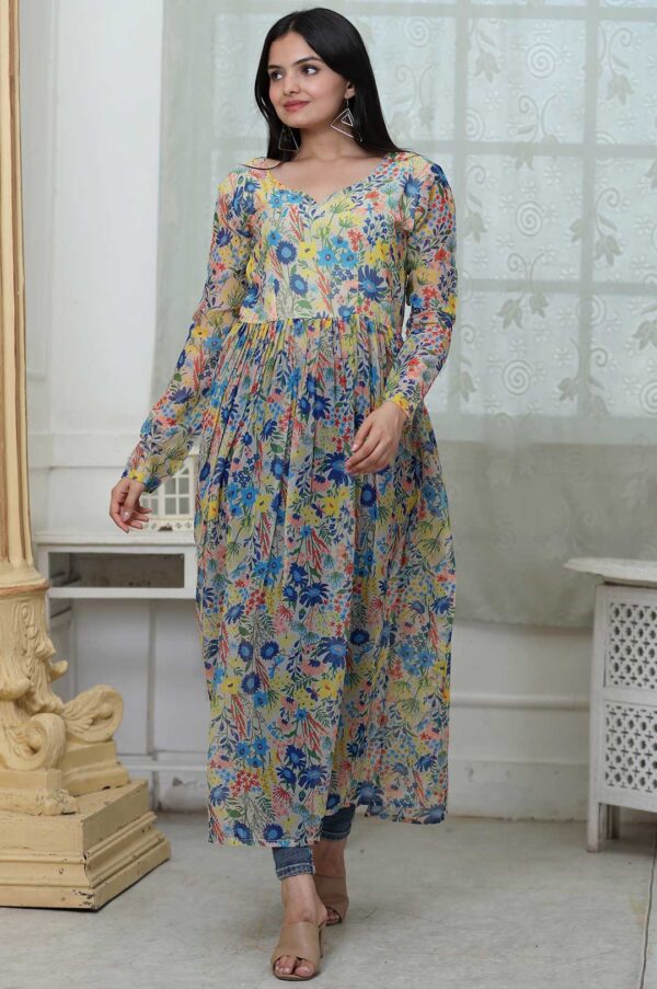 Yellow with Blue Blossom Vibe – Fox Georgette Floral Digital Print Kurti