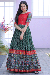 Green Vibrant Dola Silk Gown with Patola Designer Foil Print Work