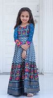 Kids Blue Patola Print Gown – Pashmina Silk Traditional Wear for Girls