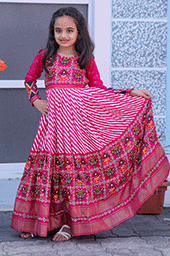 Kids Pink Patola Print Gown – Pashmina Silk Traditional Wear for Girls