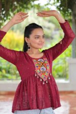 maroon-Georgette-Schiffli-Peplum-Top-with-Kutchi-Gamthi-Patch-Work