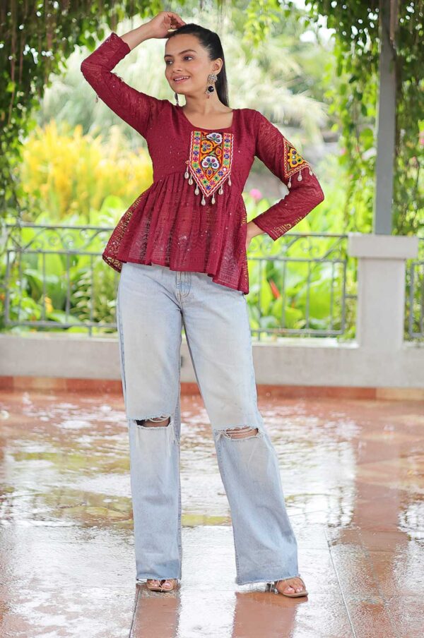Maroon Georgette Schiffli Peplum Top with Kutchi Gamthi Patch Work