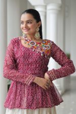 maroon-Top-&amp;-Cream-Kora-Cotton-Lehenga-Set.