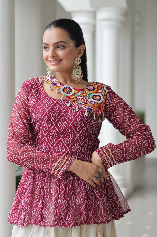Maroon Bandhani Top & Cream Kora Cotton Lehenga Set
