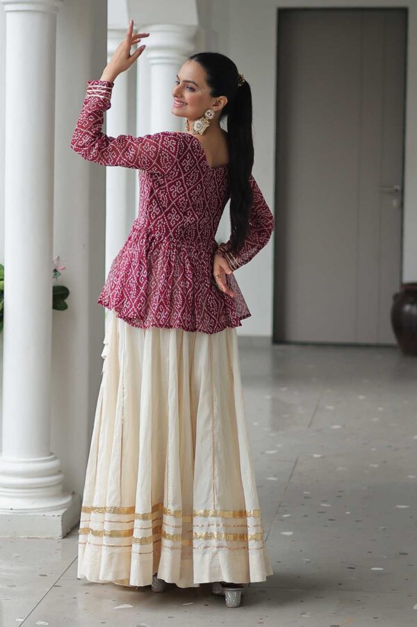 Maroon Bandhani Top & Cream Kora Cotton Lehenga Set