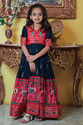 Navy Blue Patola Designer Dola Silk Kids Gown / Frock