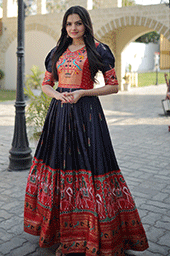 Navy blue Stunning Patola Designer Foil Print Dola Silk Gown