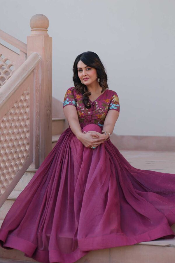Onion Elegant Silver Crunchy Fabric Gown with Embroidered Koti