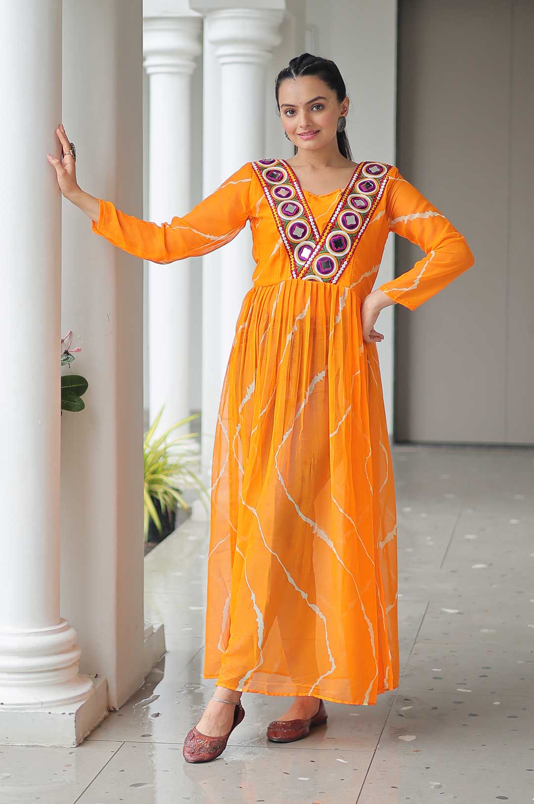 Orange Leheriya Kurti with Kutchi Patchwork – Traditional Meets Trendy