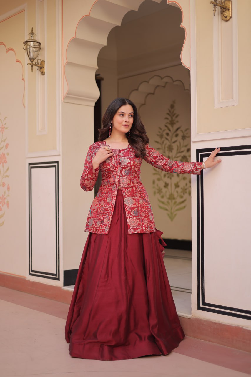 Designer Full-Stitched Simmer Vichitra Lehenga with Jequard Blouse