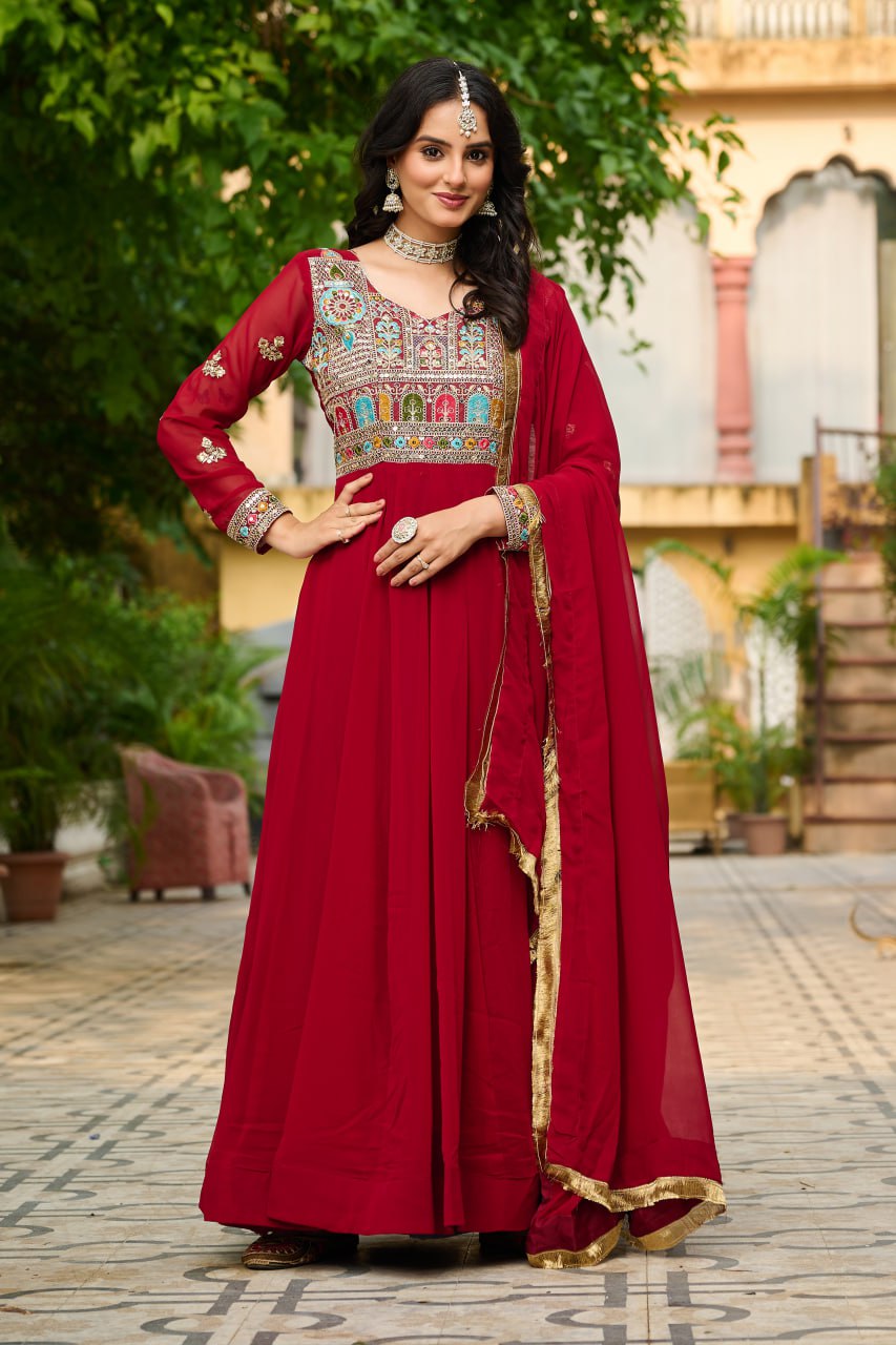 Maroon Designer Embroidered Gown with Dupatta | Faux Blooming Fabric