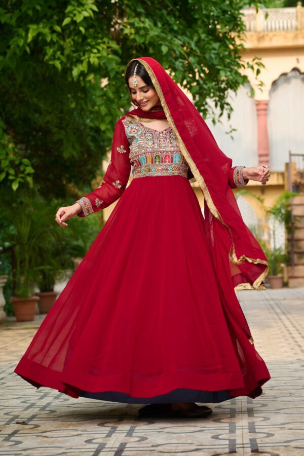 Maroon Designer Embroidered Gown with Dupatta | Faux Blooming Fabric