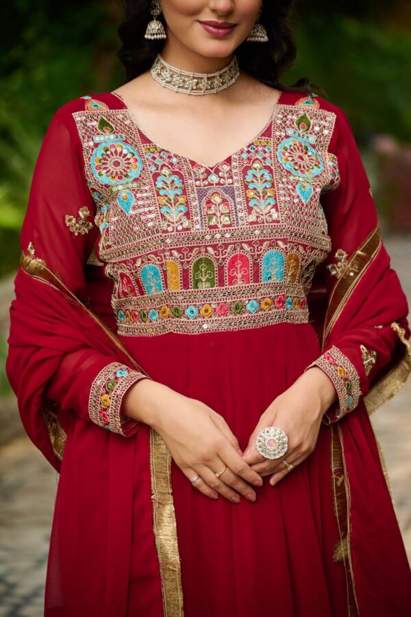 Maroon Designer Embroidered Gown with Dupatta | Faux Blooming Fabric