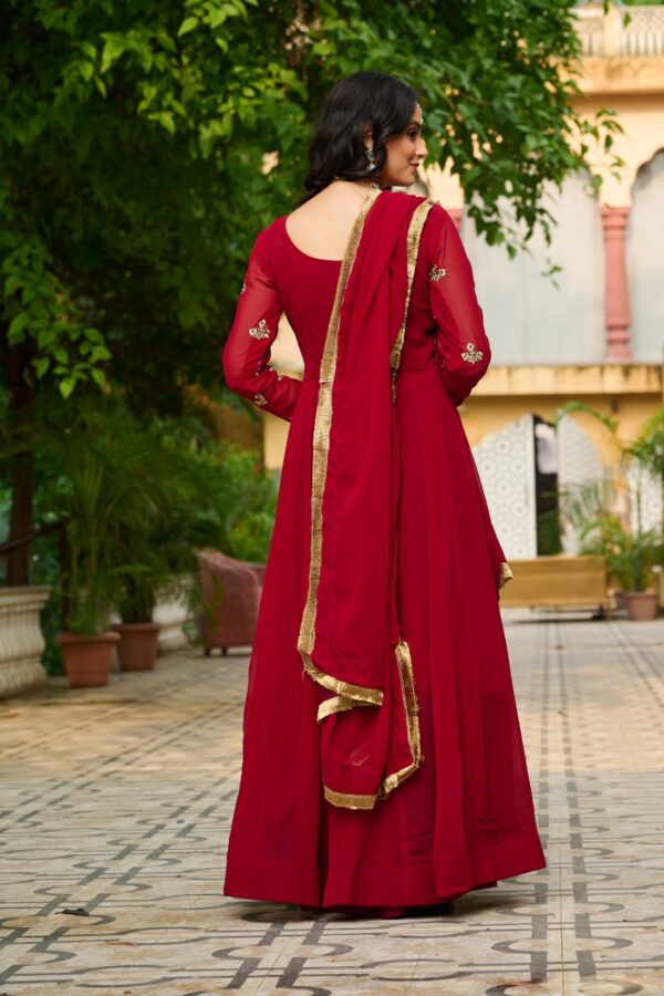Maroon Designer Embroidered Gown with Dupatta | Faux Blooming Fabric