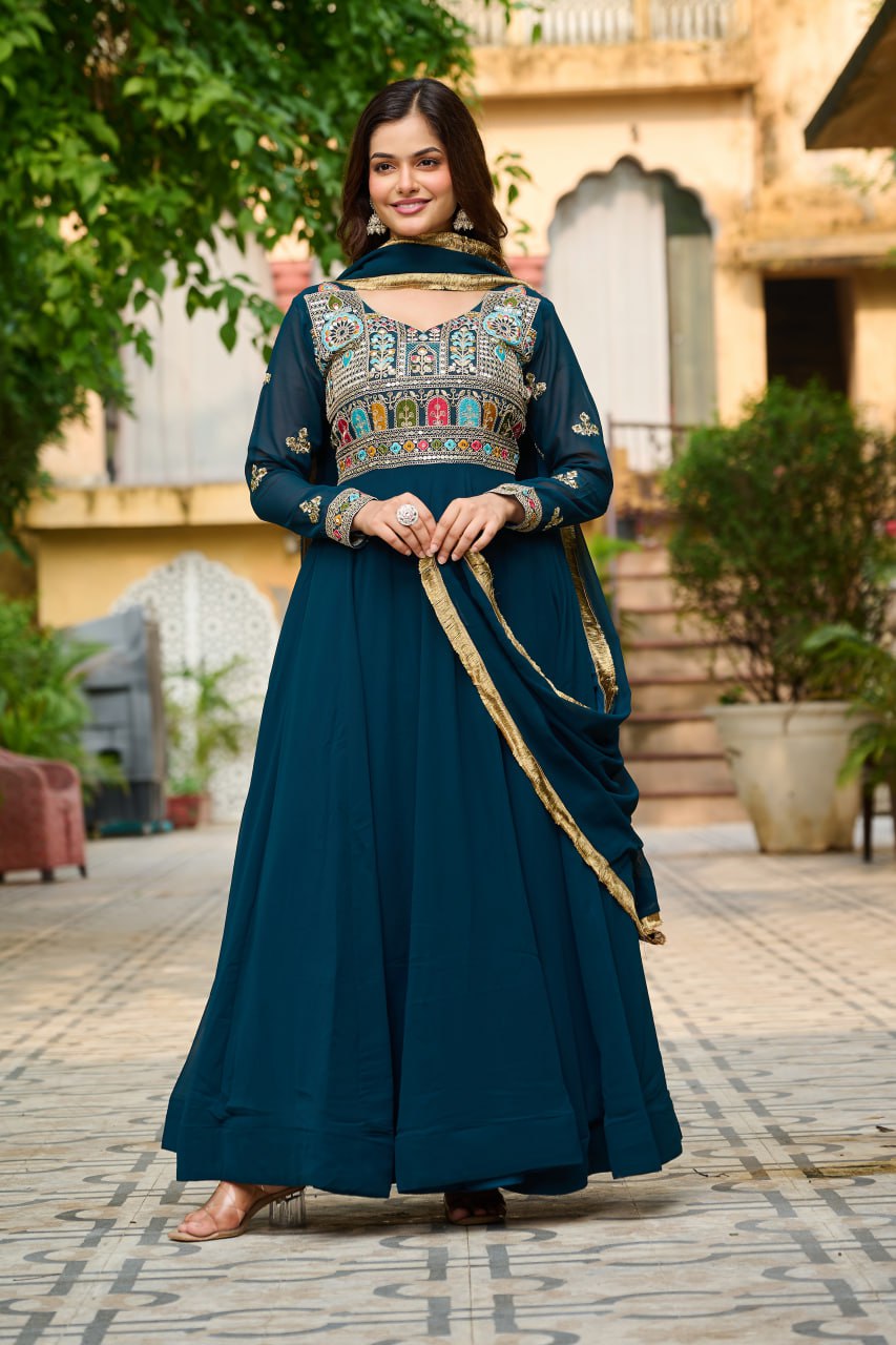 Rama Designer Embroidered Gown with Dupatta | Faux Blooming Fabric