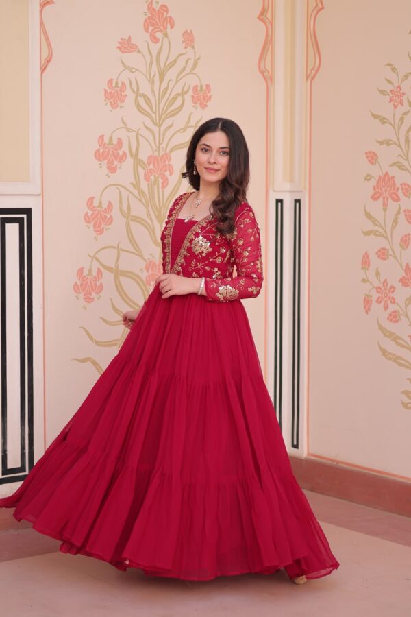 Embroidered Faux Blooming Layered Gown – Rani Pink
