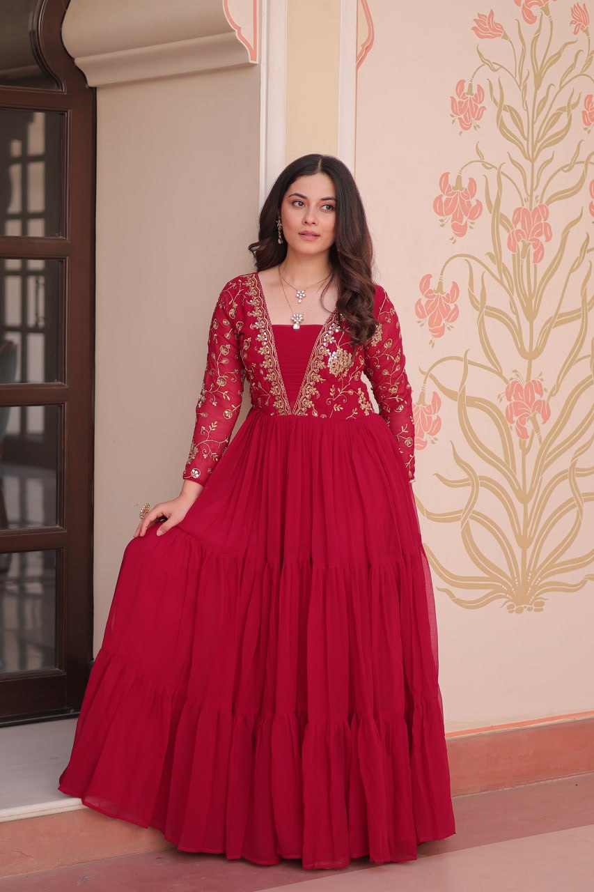 Embroidered Faux Blooming Layered Gown – Rani Pink