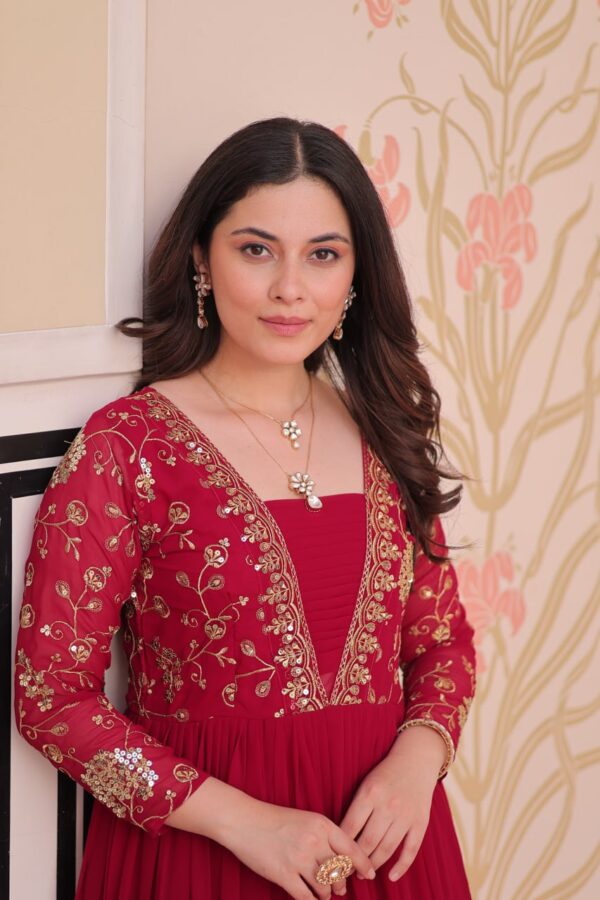 Embroidered Faux Blooming Layered Gown – Rani Pink