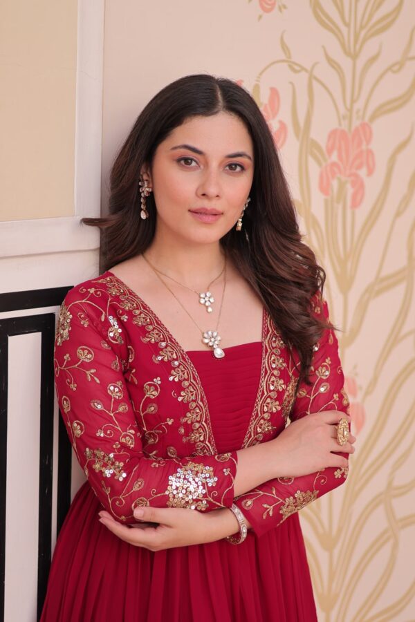Embroidered Faux Blooming Layered Gown – Rani Pink
