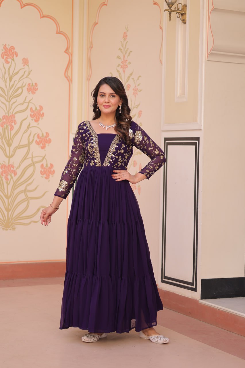 Royal Purple Embroidered Faux Blooming Gown