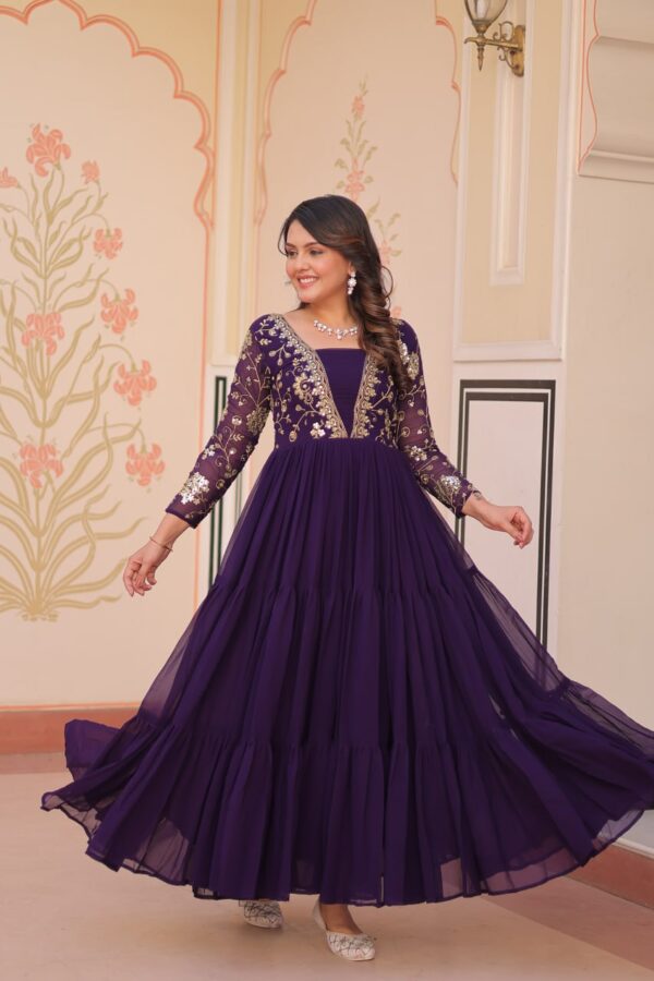 Royal Purple Embroidered Faux Blooming Gown