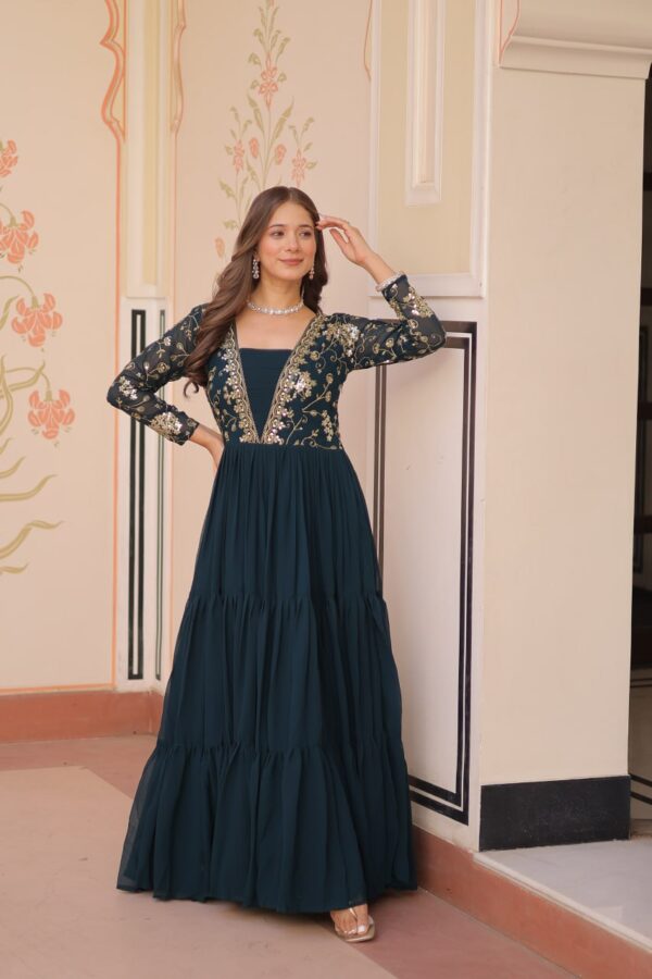 Elegant Rama Green Embroidered Faux Blooming Gown