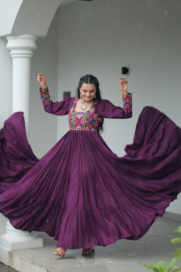 Traditional Kutchi Work Rayon Gown – Wine Color