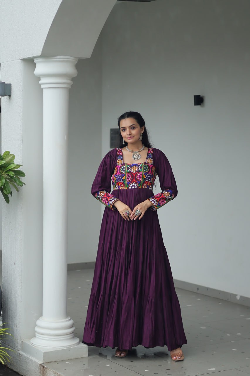 Traditional Kutchi Work Rayon Gown – Wine Color