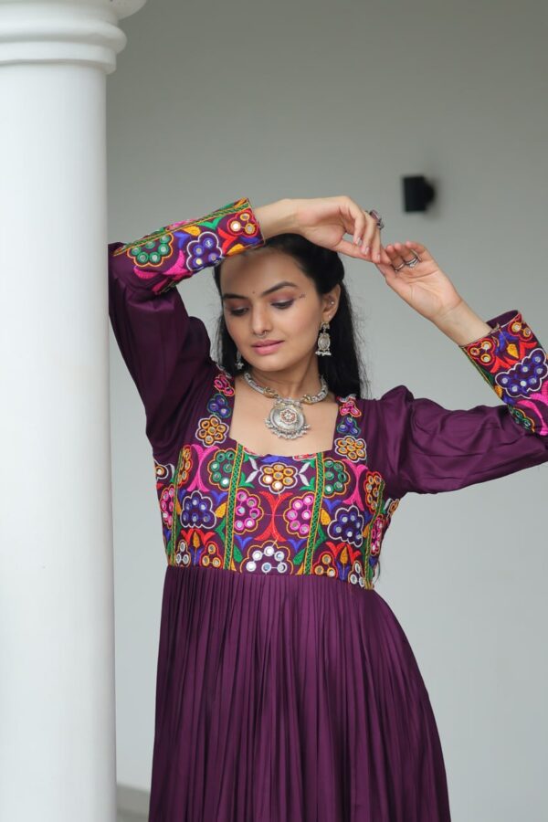 Traditional Kutchi Work Rayon Gown – Wine Color