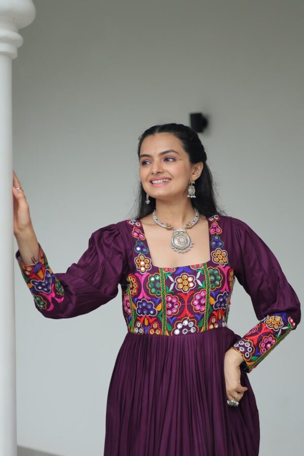 Traditional Kutchi Work Rayon Gown – Wine Color