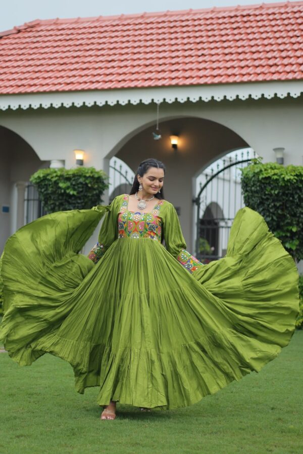 Kutchi Embroidered Rayon Flare Gown – Parrot Green