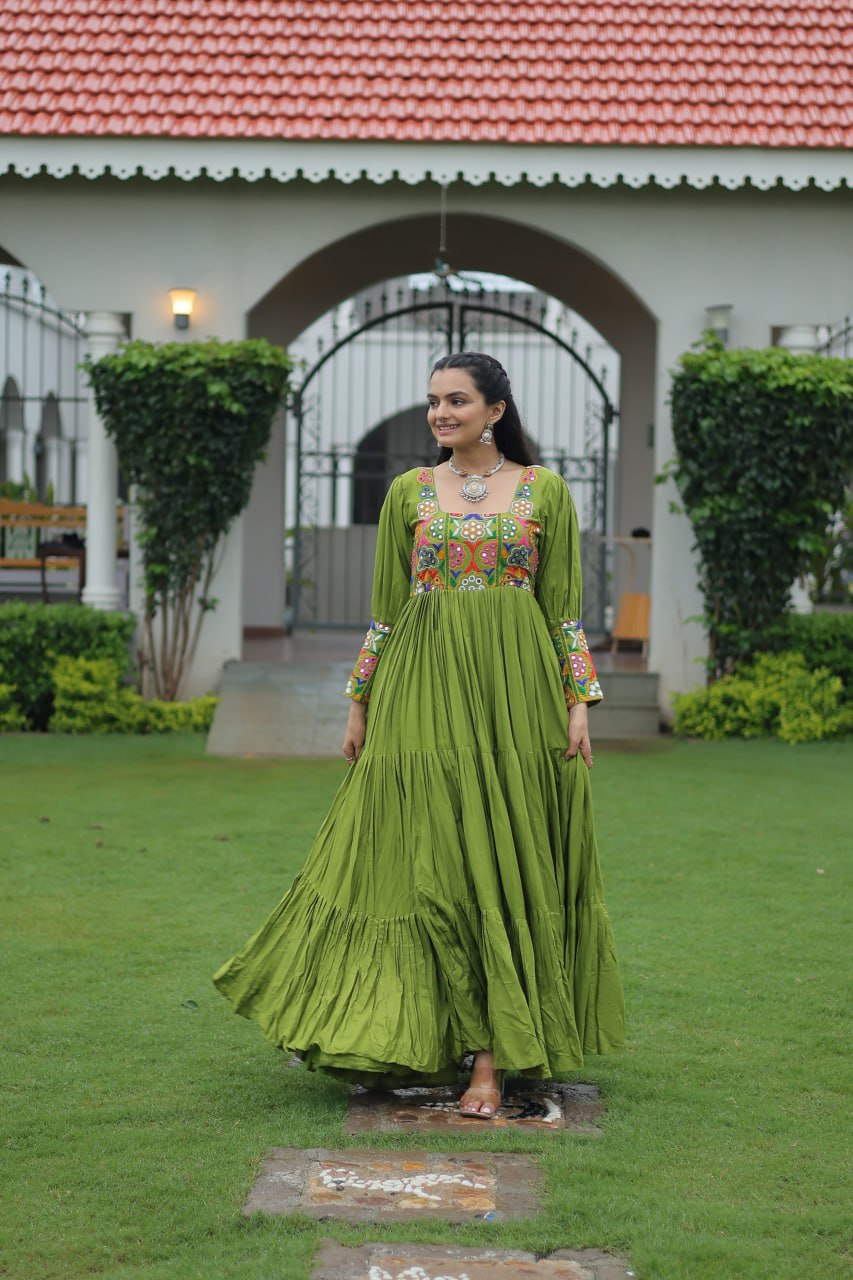 Kutchi Embroidered Rayon Flare Gown – Parrot Green