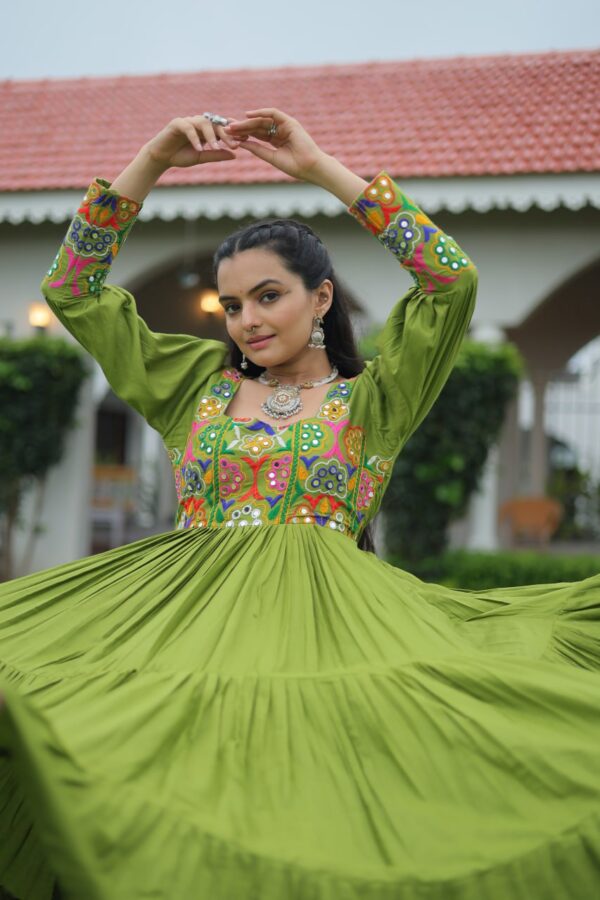 Kutchi Embroidered Rayon Flare Gown – Parrot Green