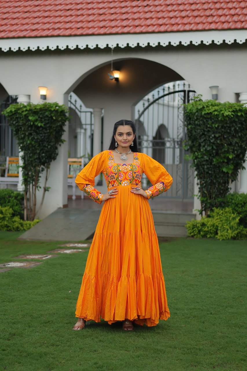 Kutchi Embroidered Rayon Flare Gown – Yellow