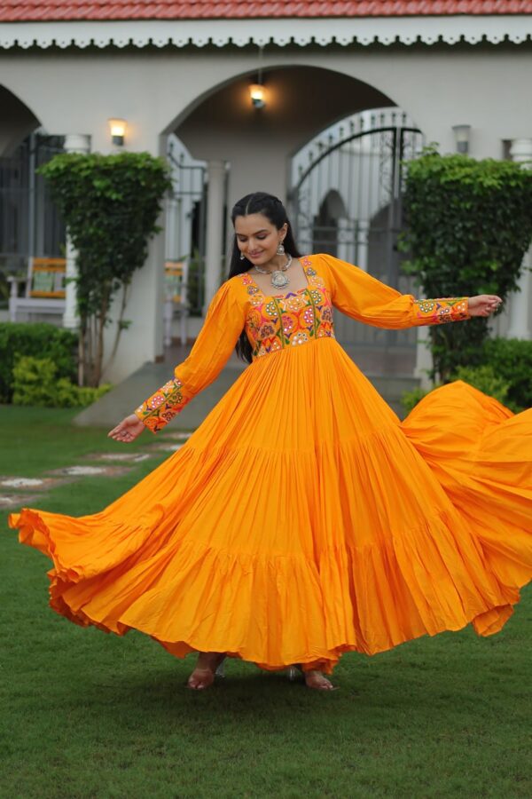 Kutchi Embroidered Rayon Flare Gown – Yellow