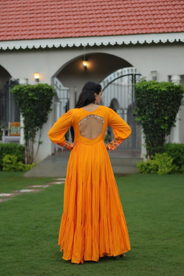 Kutchi Embroidered Rayon Flare Gown – Yellow